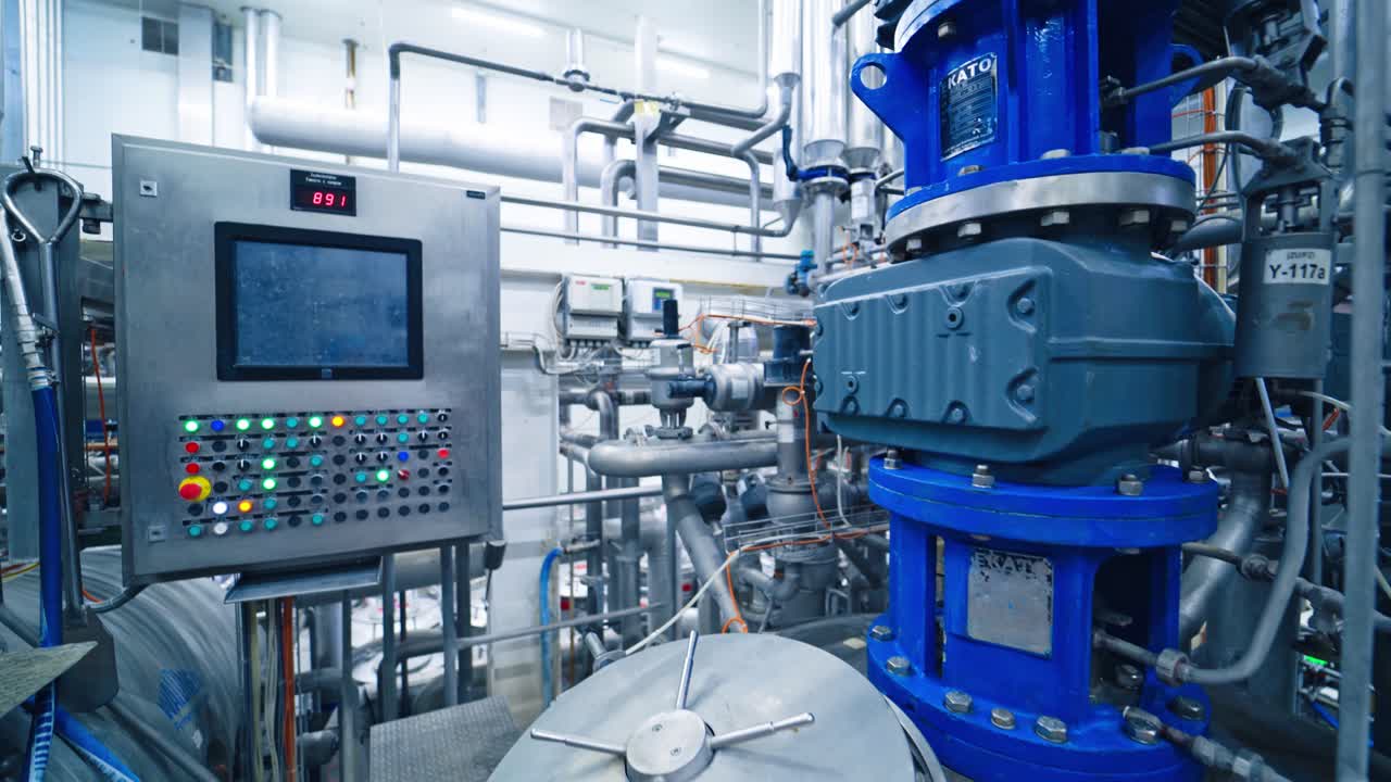 Dairy food processing industry. Dairy production workshop and equipment