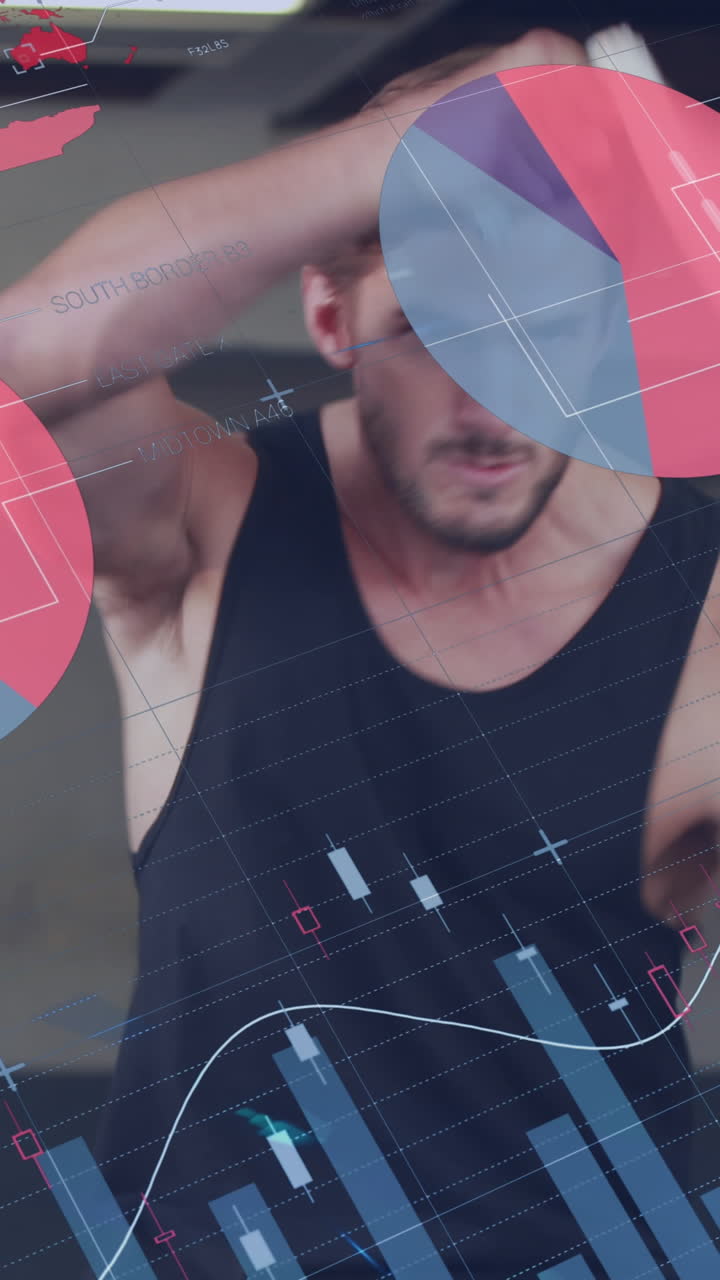 animación de gráficos y datos sobre el hombre caucásico haciendo ejercicio en el gimnasio