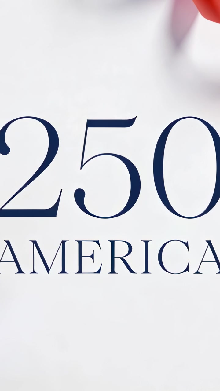 Vertical video: Starting playback, card showing navy 250 and AMERICA, red ribbon sweeping as accent