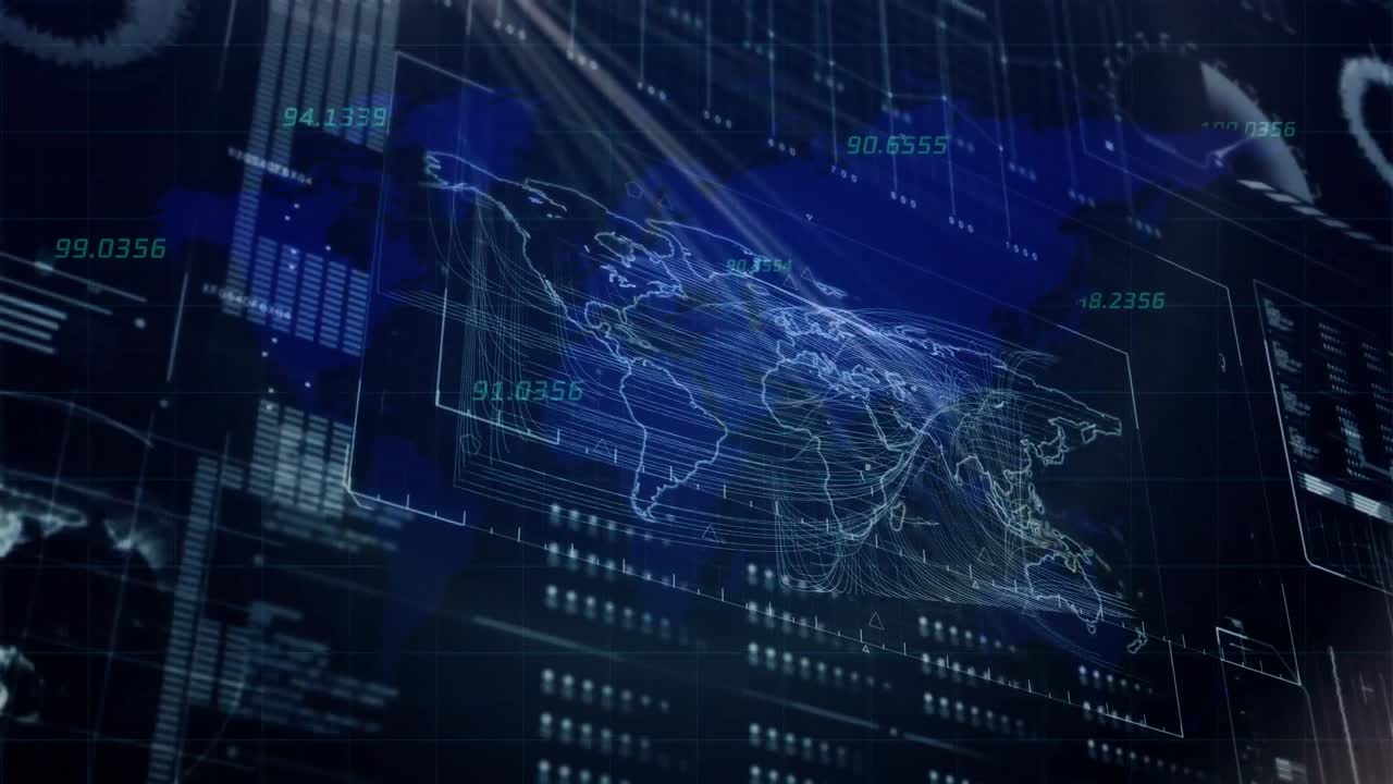 animación de datos financieros y gráficos sobre la pantalla digital de la marina con el mundo