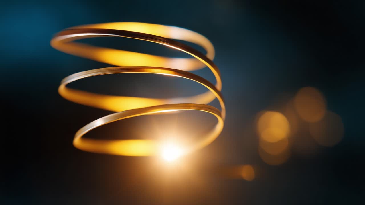 Bobina a spirale in metallo accattivante che luccica in una luce soffusa, mettendo in mostra eleganza e movimento fluido su uno sfondo scuro con splendidi dettagli ravvicinati