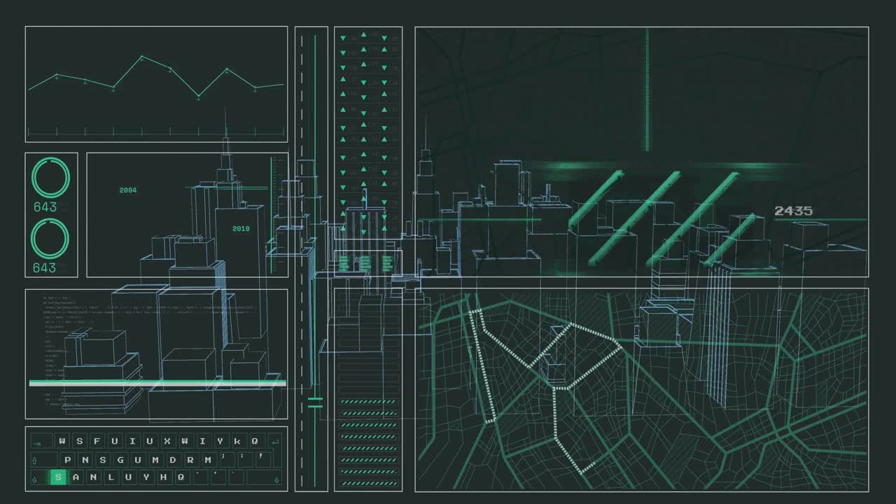 Animation of data processing and city on black background