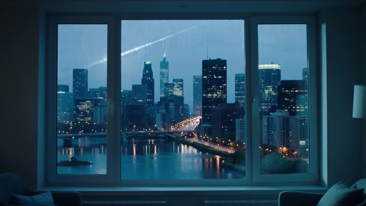 Moving meteor streak crossing riverfront skyline through large 3-pane window, with couch floor lamp