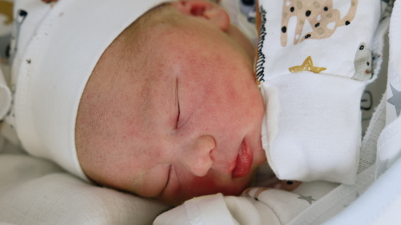 Sleeping face of a Caucasian newborn baby in a cap. Cute child lies on its side and making faces in sweet dream. Close up.