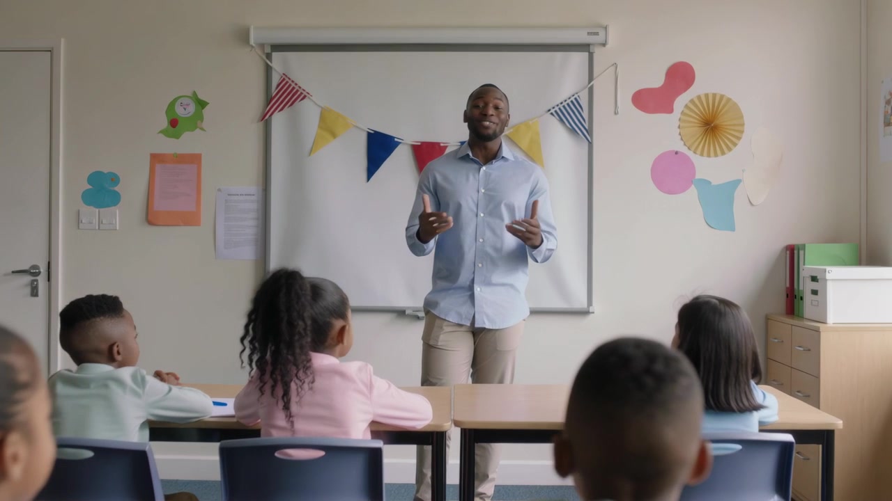 Starting lesson, teacher in light-blue shirt teaching class at school with whiteboard, notebooks