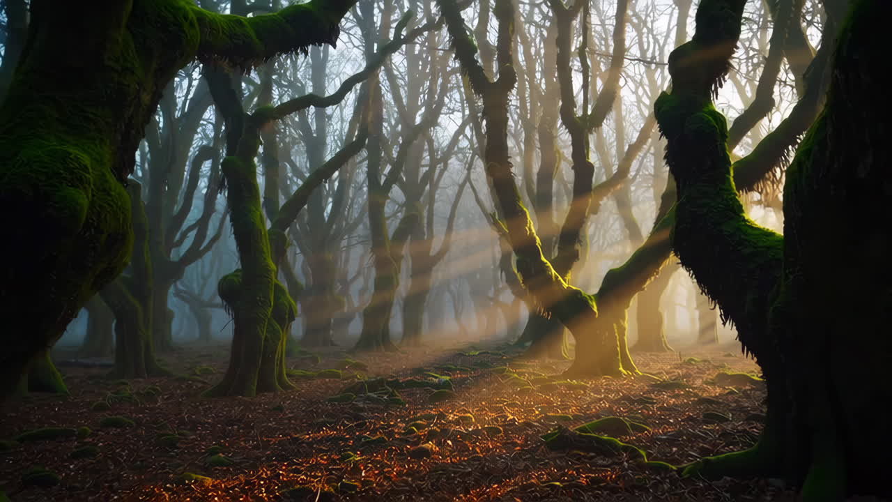 Rayos de sol en un bosque místico y neblinoso