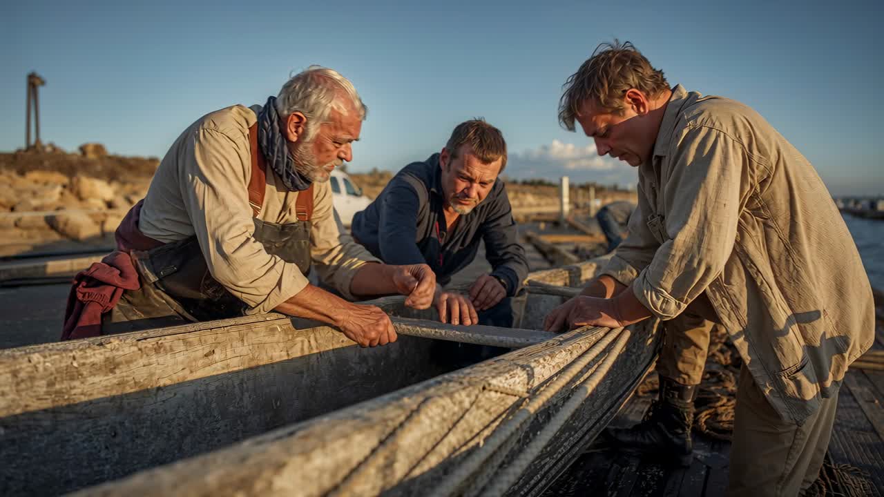 Tres pescadores inclinados sobre un bote de remos en el muelle, apretando una barra transversal con una cuerda para preparar el lanzamiento