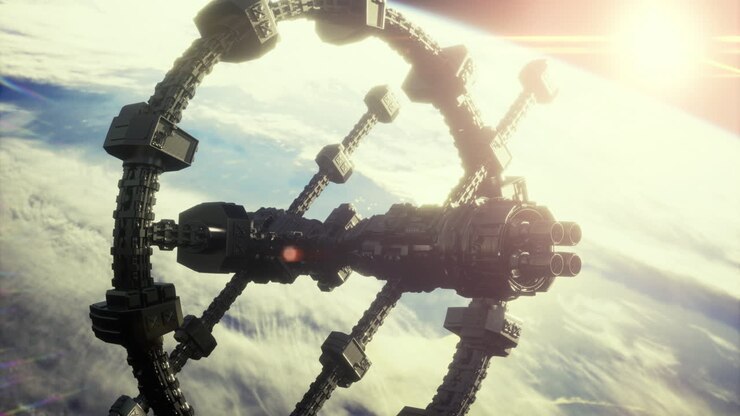 Futuristic space station orbiting earth in the bright atmosphere of dawn