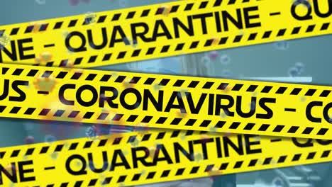 Animation-Von-Coronavirus-Texten-Und--Zellen-über-Einer-Frau-Mit-Gesichtsmaske