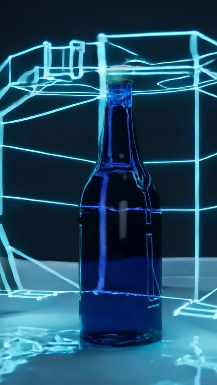 Digital scanning af en blå flaske med glødende wireframe