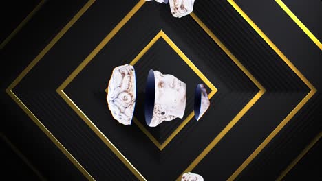 animation of spliced male classical sculpture busts moving over gold squares on black background