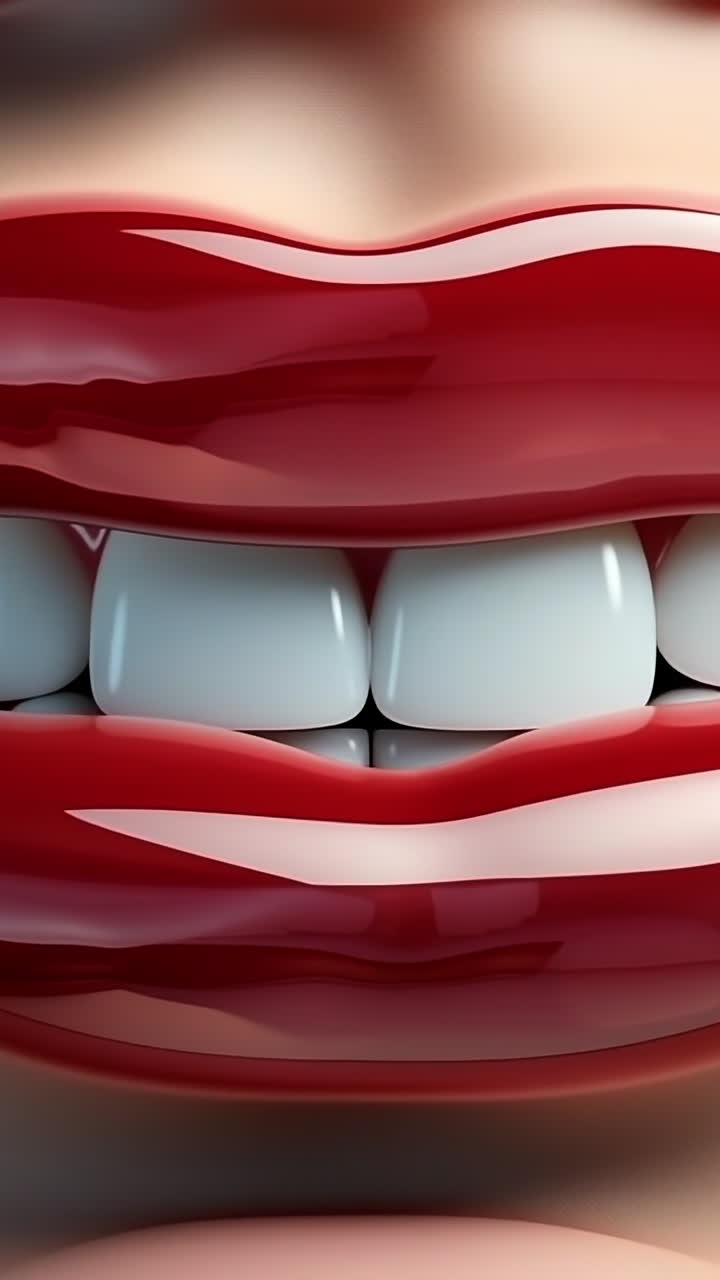 Bright smile with glossy red lips. A close-up view shows a vibrant smile featuring perfect white teeth and glossy red lips, radiating joy and confidence.