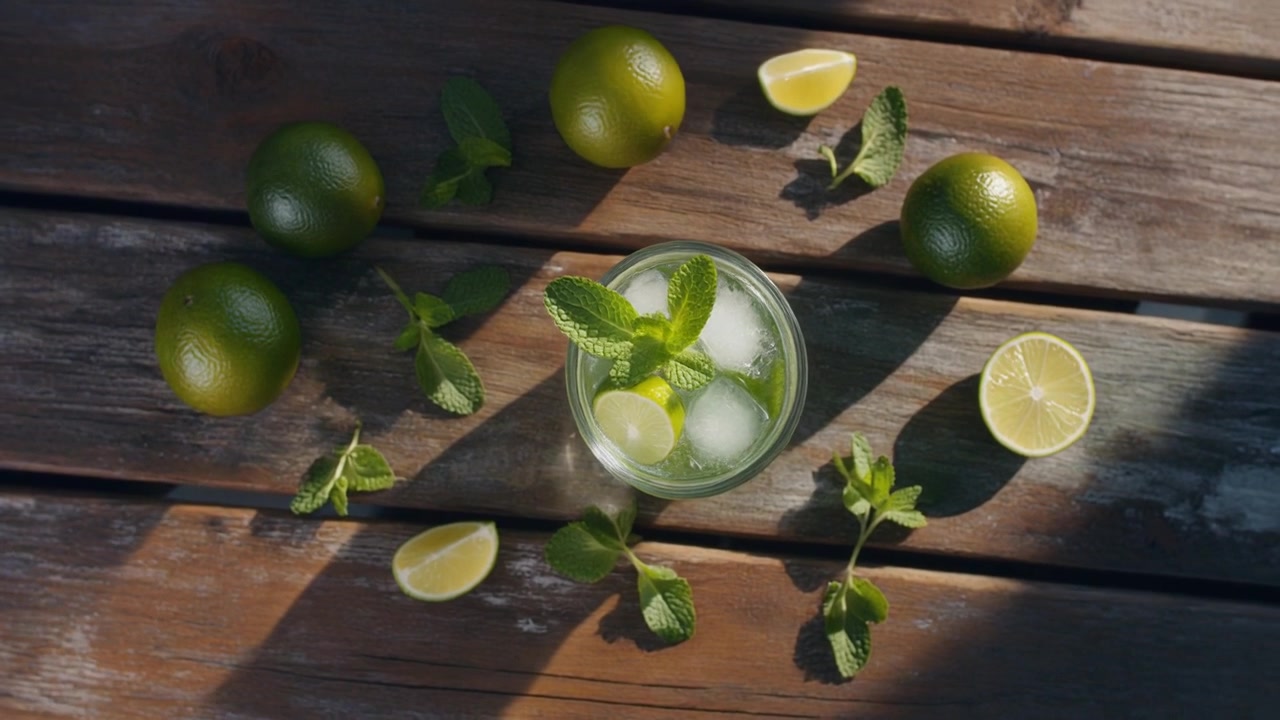Virkistävä Mojito-cocktail limellä ja mintulla puupöydällä
