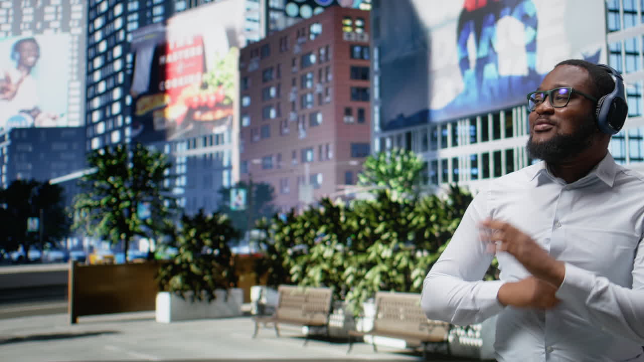 Confident funky black man dancing on groovy songs on the sidewalk