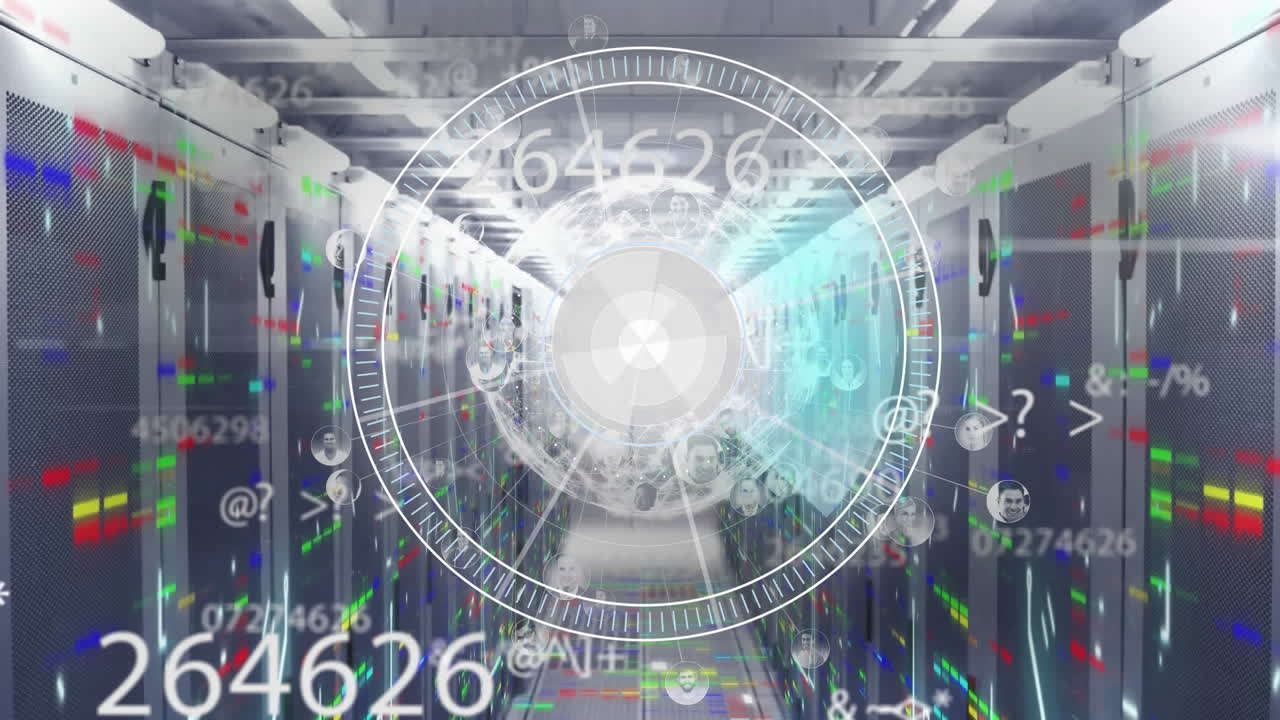 animación del escaneo de alcance, procesamiento de números y datos a través de servidores informáticos.