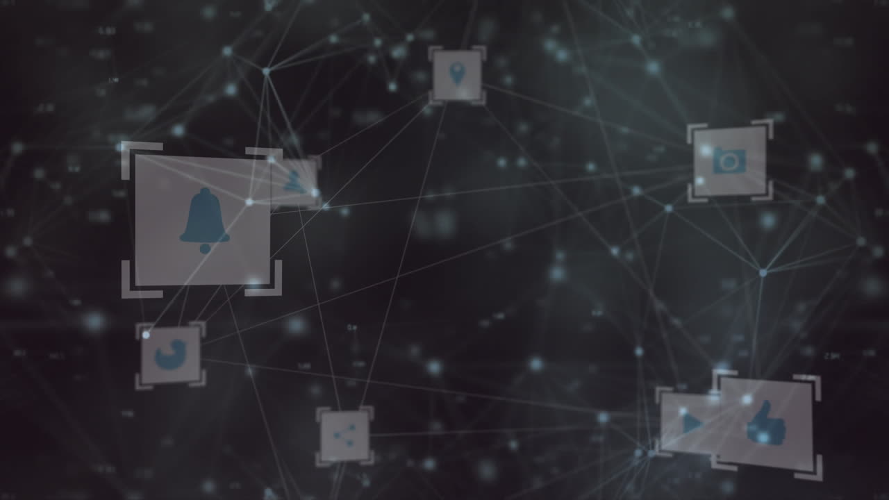 animación de iconos conectados con líneas en visores sobre fondo negro