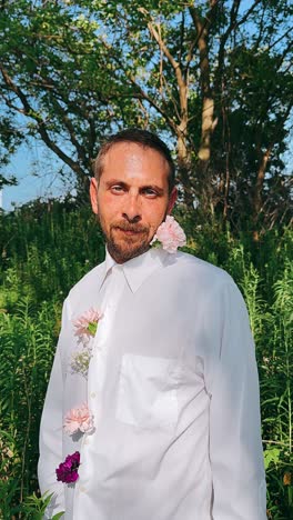 hombre de camisa blanca con flores