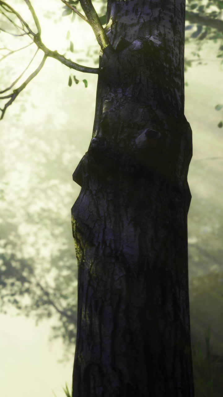 Light filtering through trees in a tranquil forest setting at dawn