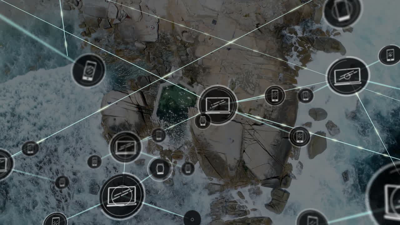 сеть соединений и обработка данных анимация над скалистым ландшафтом