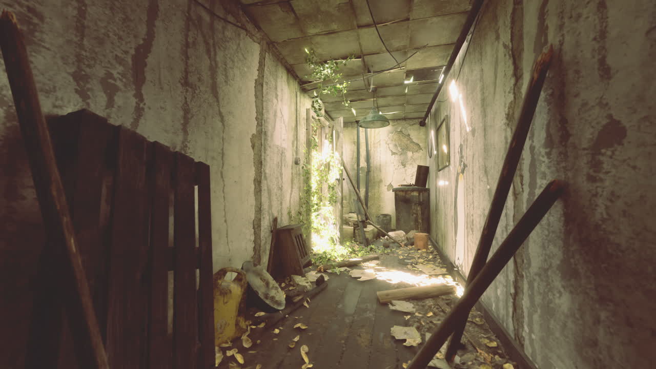 Abandoned hallway filled with debris and overgrowth in dim lighting