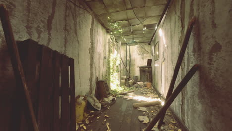 abandoned hallway filled with debris and overgrowth in dim lighting