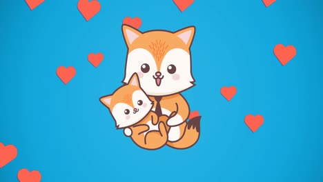 composition of fox family embracing over heart icons