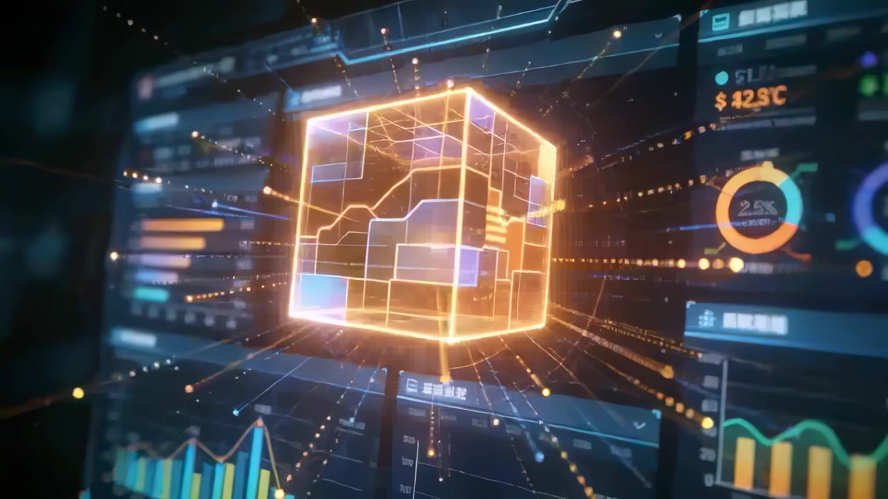 Emerging holographic cube responding to dashboard spike, rotating, pulsing and collapsing into orb