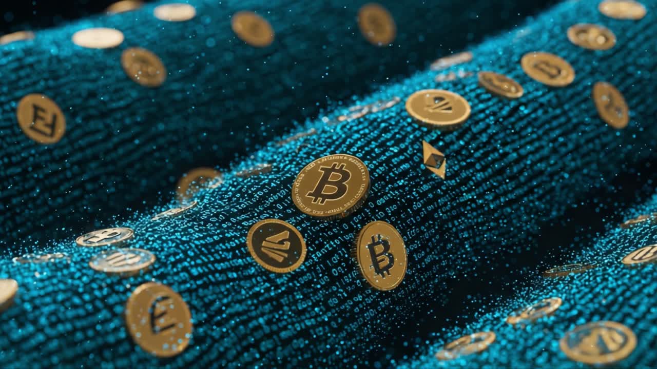 Visual Representation of Cryptocurrency Coins Floating on a Digital Fabric of Binary Code, Highlighting the Dynamic Nature of Digital Currency Ecosystems