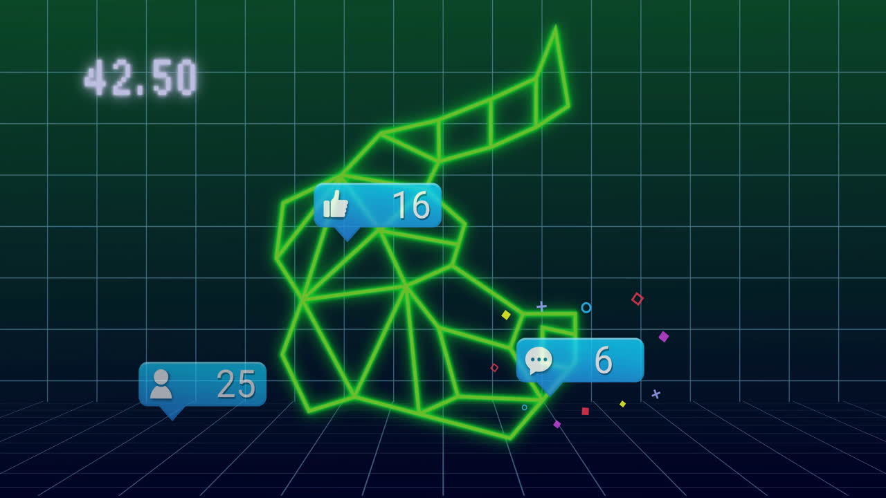 Animation of geometric neon shapes on digital grid with social media notifications