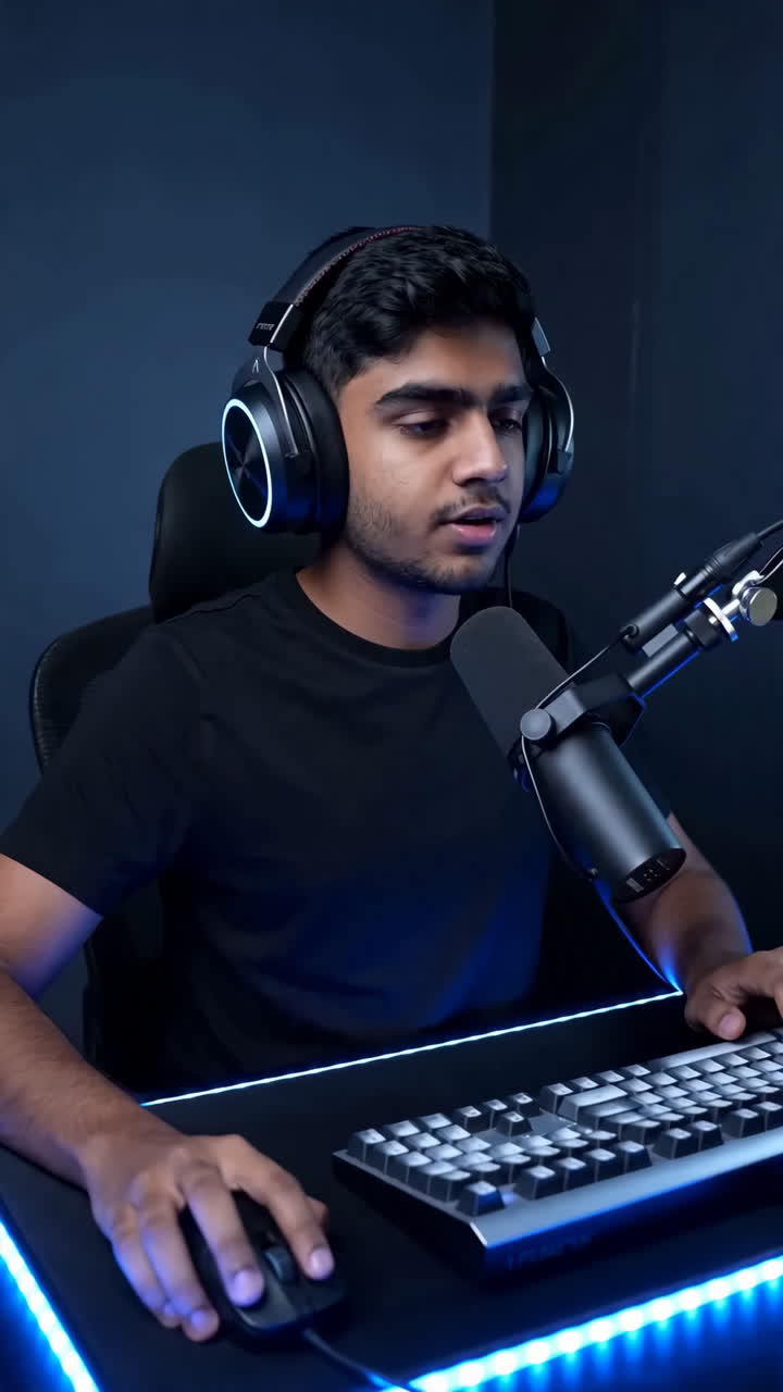 Gamer asiatico in live streaming alla scrivania, espressione concentrata, indossa cuffie, parla al microfono, digita
