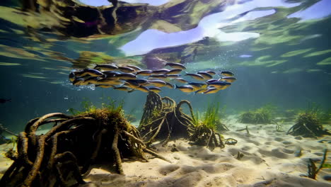 underwater scene with fish and mangrove roots on a sandy bottom