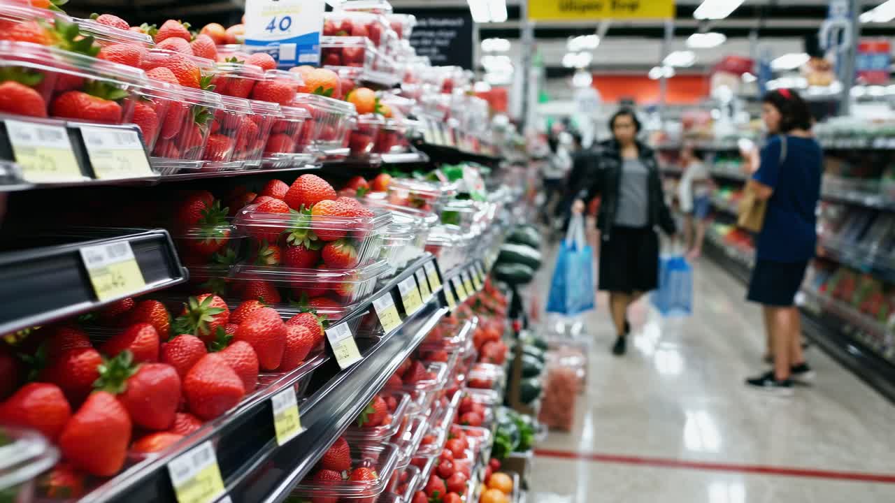 Fresh strawberries and other fruits and vegetables displayed on shelves in a brightly lit supermarket aisle with a customer shopping in the background