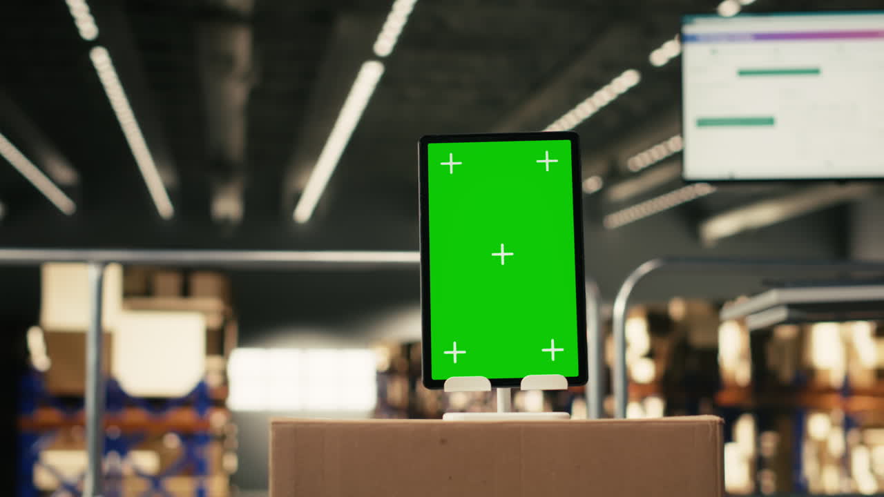 Tablet con mockup a schermo verde in un ambiente di magazzino
