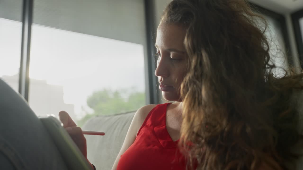 Female digital artist or writer using tablet for creative work inside her home. Sitting on couch or sofa in living room enjoying inspiration using pen to scribble on mobile display device for creators