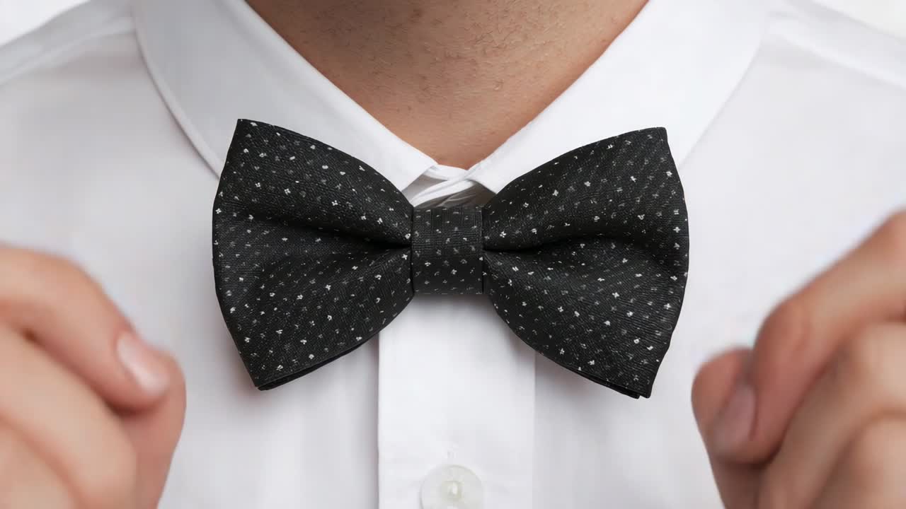 Primer plano de un hombre abrochándose una pajarita de lunares negra en el cuello de una camisa blanca en un estudio para un evento