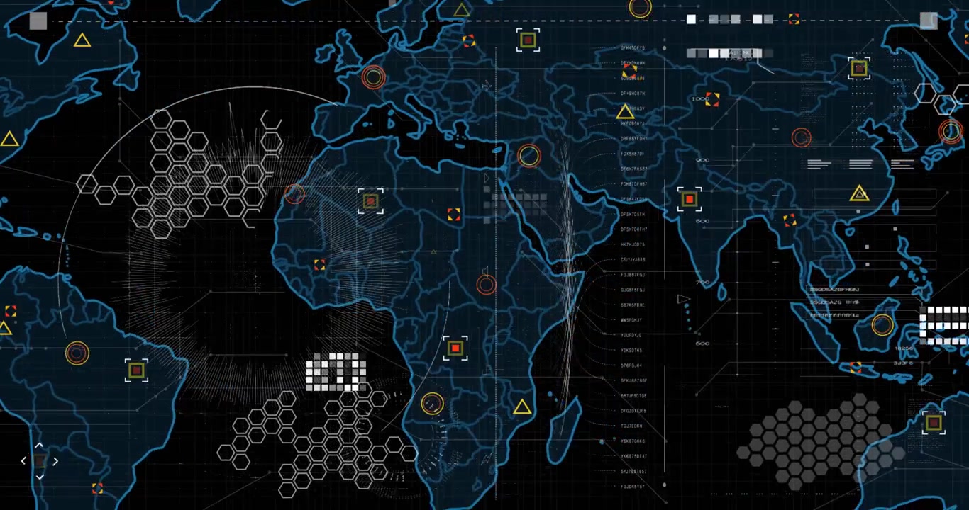 Animation of digital map moving with hexagon and circle shape on abstract background