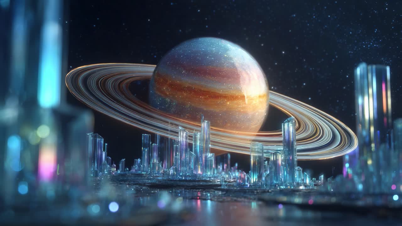 A Stunning Cosmic Landscape Featuring a Majestic Gas Giant with Striking Rings Surrounded by Enigmatic Crystal Structures and a Dazzling Starry Background
