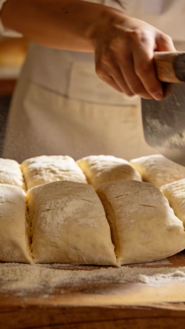 Vertical video: Entering bench scraper baker hands dividing and scoring dough in kitchen with apron
