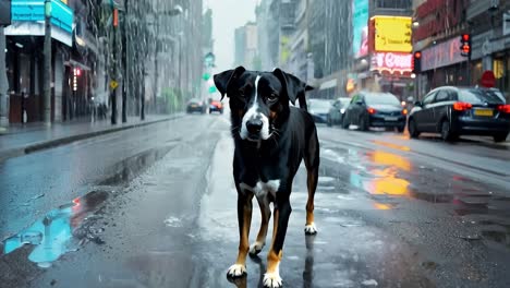 a dog walking on a rainy street in a city