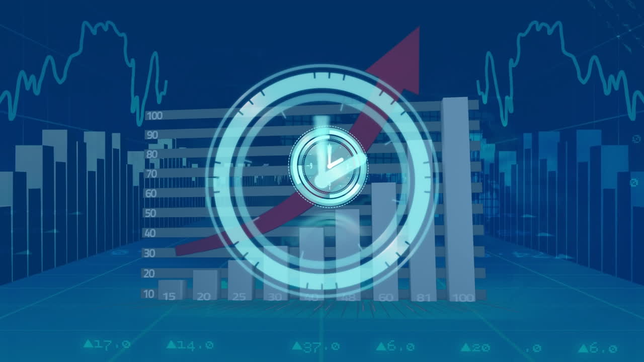 Animation of moving clock over graph and data processing