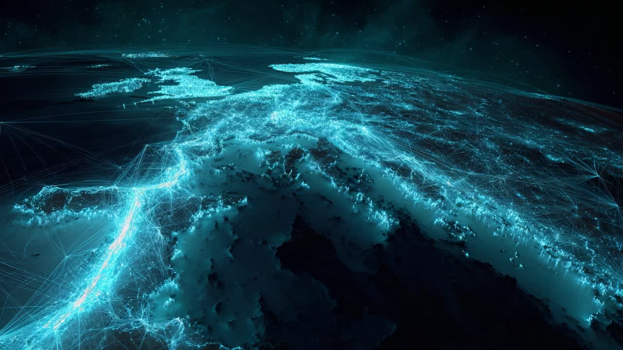 Stunning view of Europe at night from outer space, with continents illuminated by a glowing cyan network representing global communication, transportation, and data transfer routes