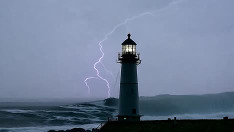 lightning illuminates a lighthouse during a stormy night, showcasing the power and drama of nature's fury