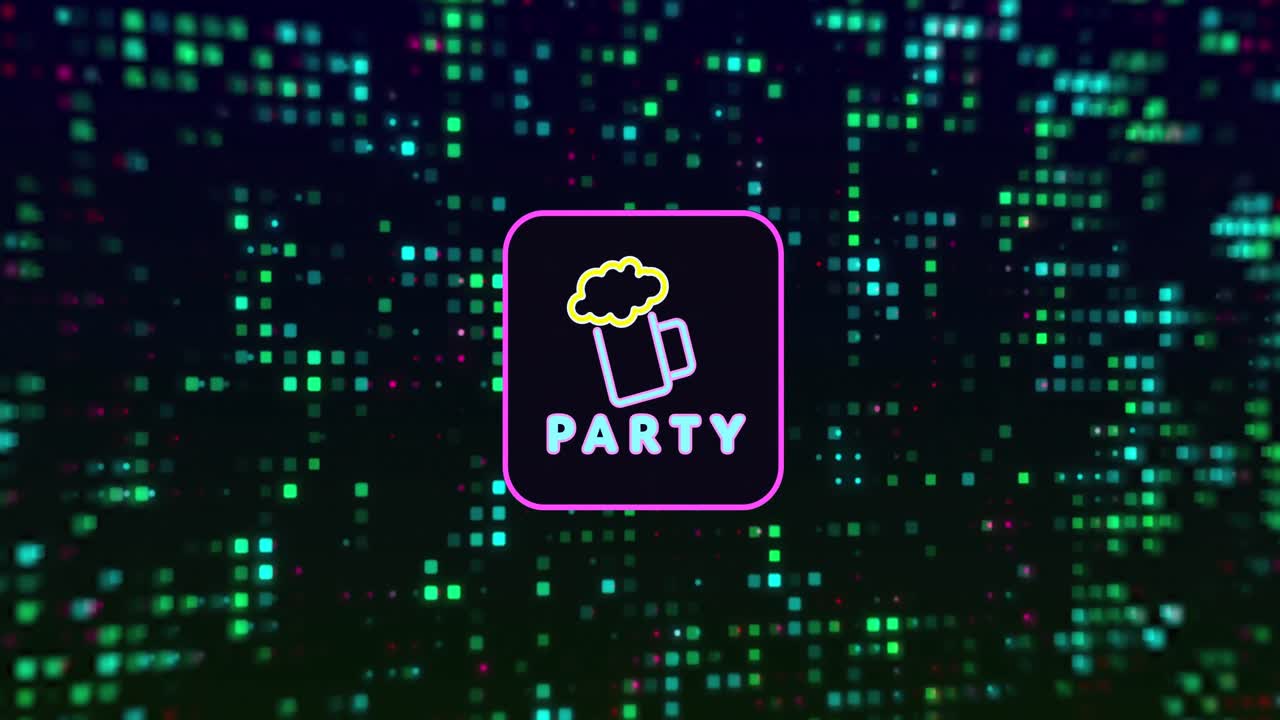 animación del texto de la fiesta, nube en vidrio en cuadrado sobre cuadrados multicolores en fondo negro