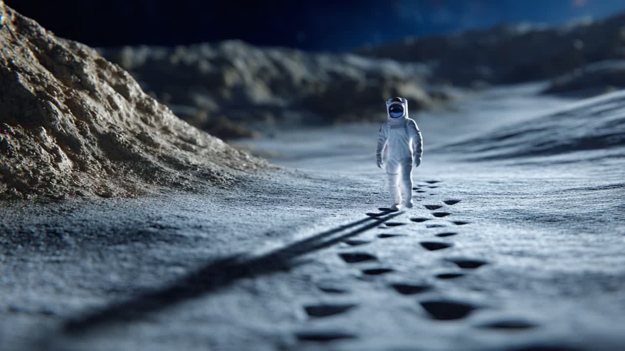 Um Astronauta Solitário Caminha Pela Superfície Lunar, Deixando um Rastro de Pegadas na Poeira Enquanto Explora a Paisagem Serena e Misteriosa da Lua.