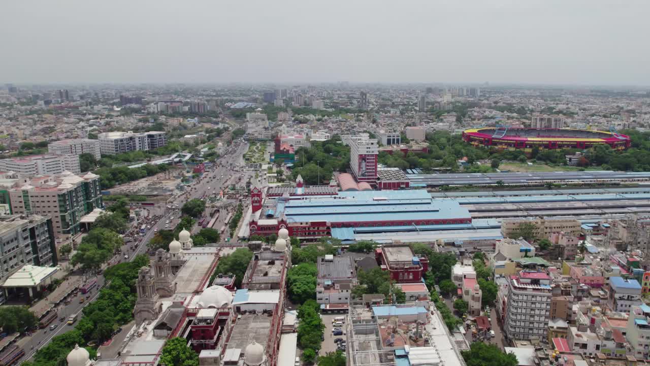 aerial view of chennai central area with railway station, stadium , hospital, etc, daytime, pull up, drone shot, 4k, in chennai, tamil nadu, india