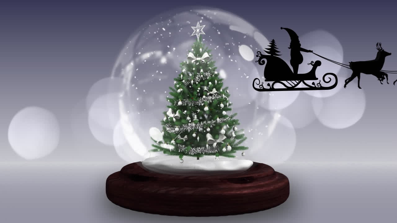 animación de árbol de navidad y santa en trineo con renos sobre fondo azul