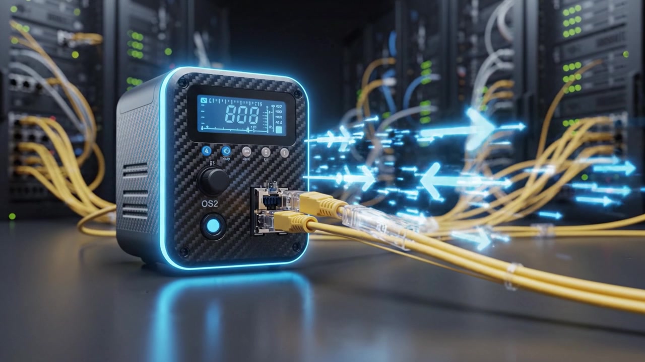 Dispositivo di rete avanzato in ambiente server con display illuminato e cavi di interconnessione, che cattura la connettività digitale e le dinamiche del flusso di dati.