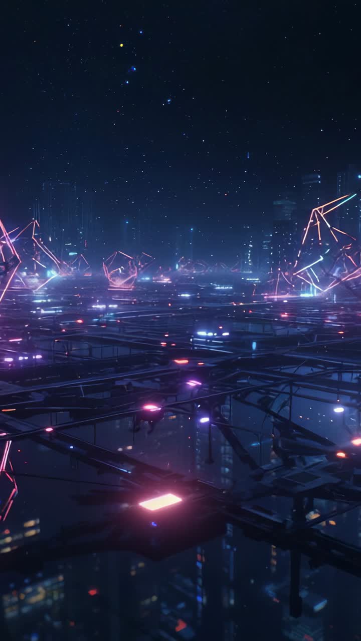 Vertical video: Sweeping camera over metal grid above neon city with pulsing panels, rising shapes