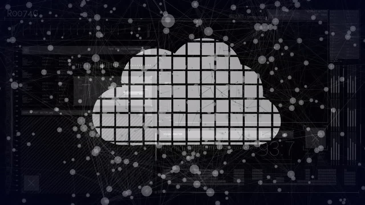 Animation of connections forming white cloud, over network of icons and data on black