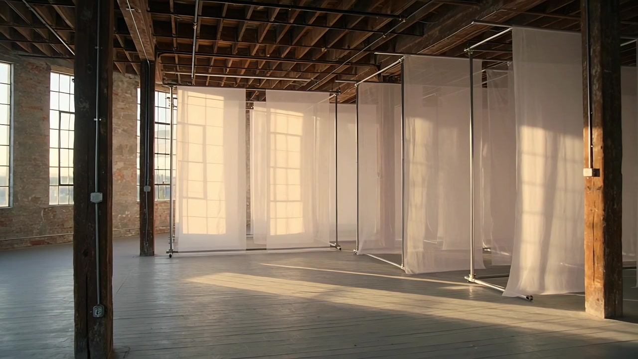 Streaming sunlight moving sheer fabric panels across loft floor, revealing metal frames and windows
